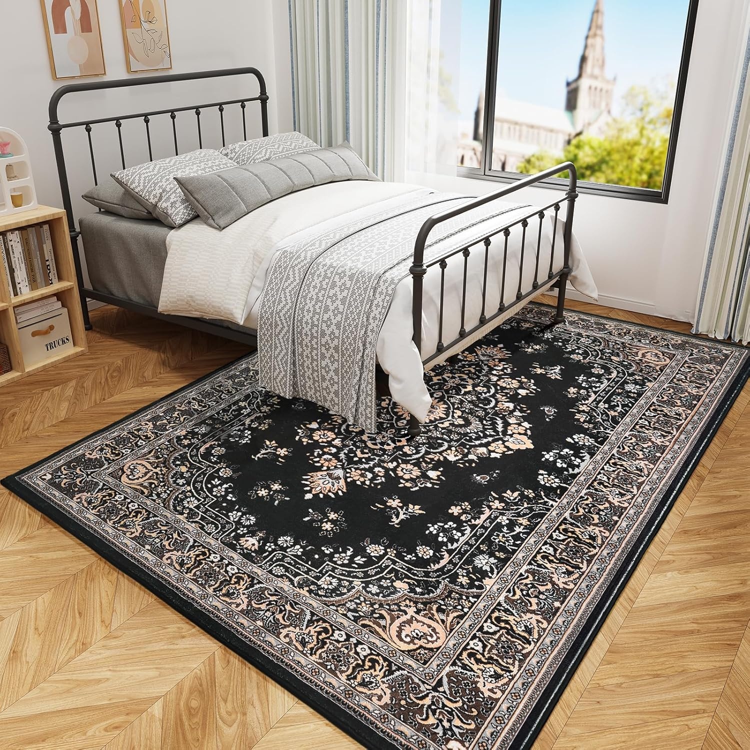 image:imageHOMORE Washable Area Rug 4x6 Black Rugs for Bedroom Living Room  Non Slip Low Pile Vintage Floral Throw Rugs for Entryway Kitchen Rug Dinning Room OfficeBlack