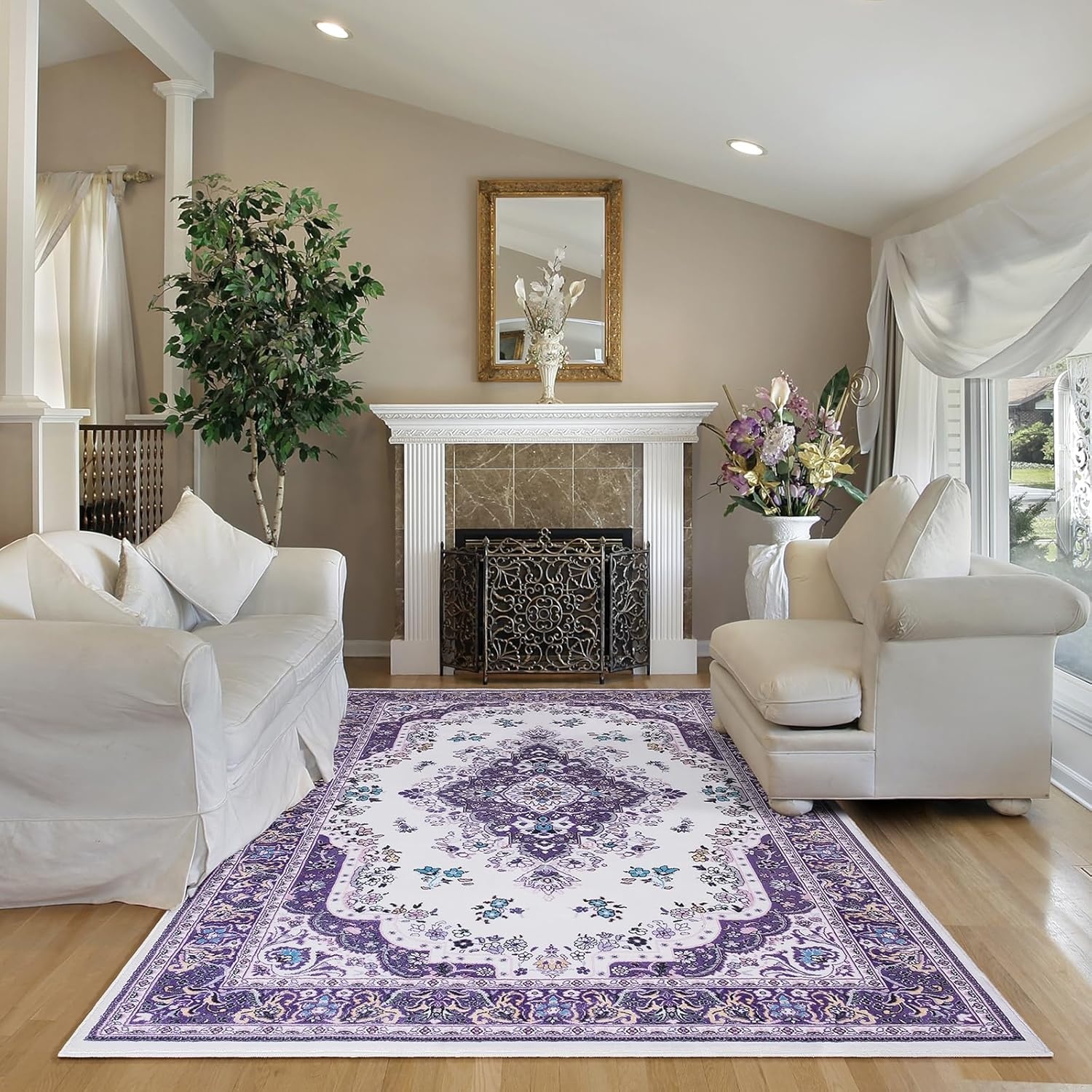 image:imageHOMORE Washable Area Rug 4x6 Black Rugs for Bedroom Living Room  Non Slip Low Pile Vintage Floral Throw Rugs for Entryway Kitchen Rug Dinning Room OfficePurple