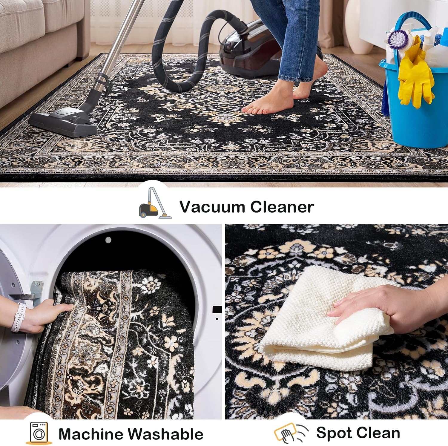 image:imageHOMORE Washable Area Rug 4x6 Black Rugs for Bedroom Living Room  Non Slip Low Pile Vintage Floral Throw Rugs for Entryway Kitchen Rug Dinning Room OfficeBlack