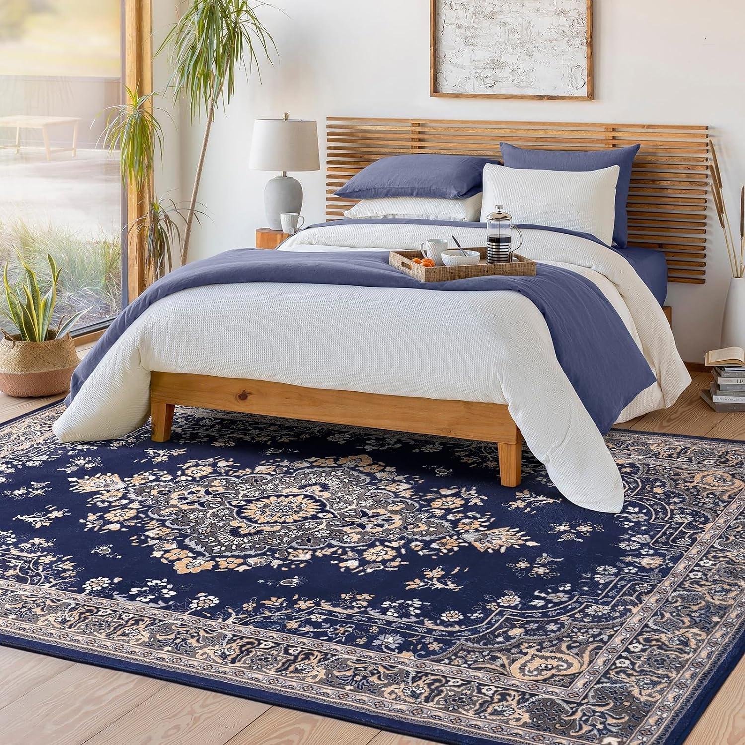 image:imageHOMORE Washable Area Rug 4x6 Black Rugs for Bedroom Living Room  Non Slip Low Pile Vintage Floral Throw Rugs for Entryway Kitchen Rug Dinning Room OfficeNavy Blue