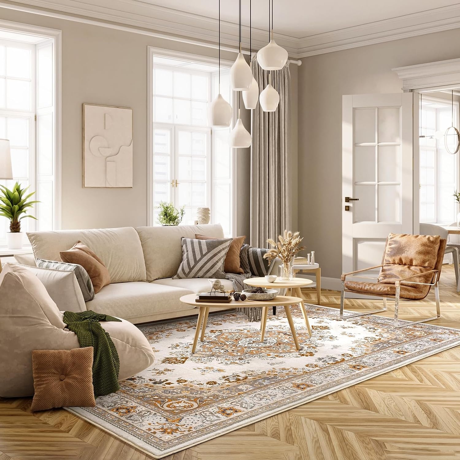 image:imageHOMORE Washable Area Rug 4x6 Black Rugs for Bedroom Living Room  Non Slip Low Pile Vintage Floral Throw Rugs for Entryway Kitchen Rug Dinning Room OfficeBeige