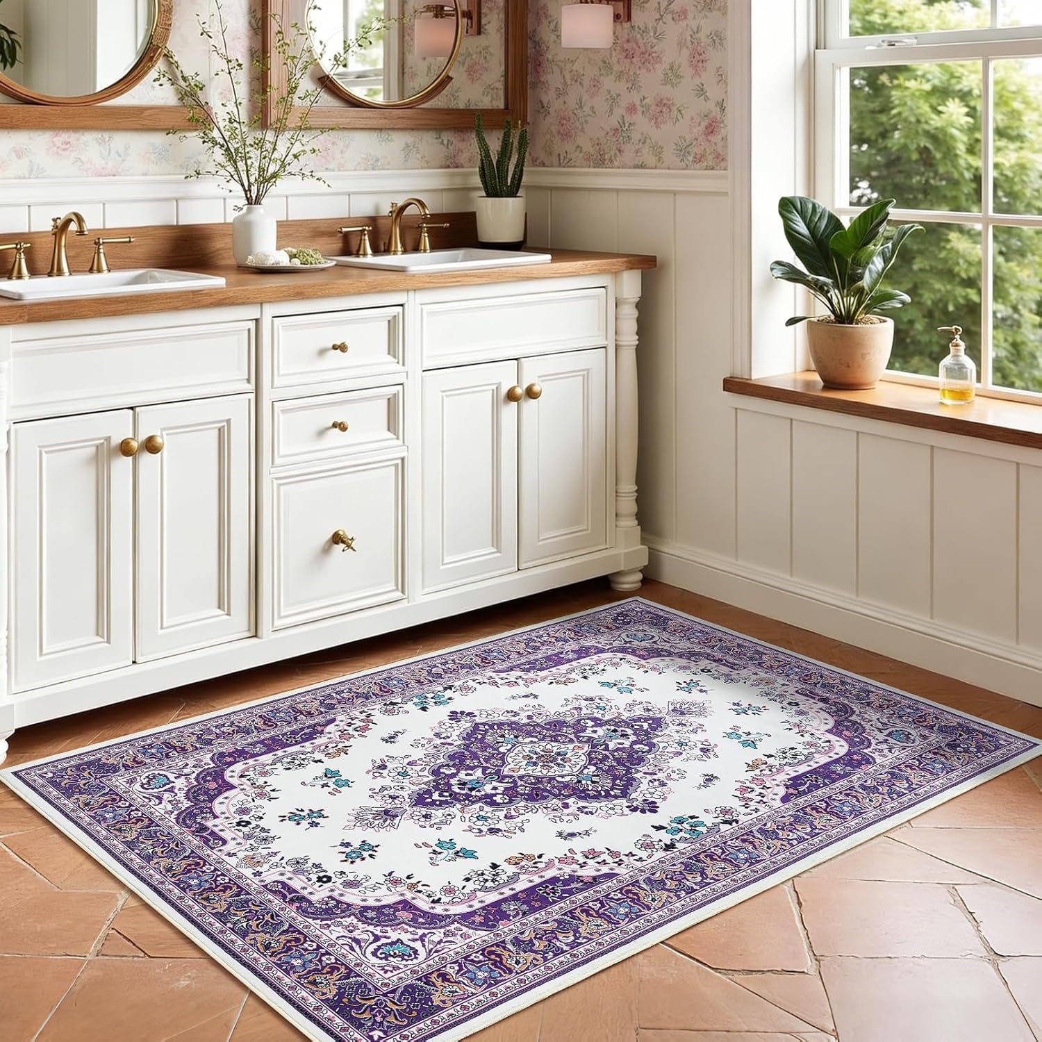 image:imageHOMORE Washable Area Rug 4x6 Black Rugs for Bedroom Living Room  Non Slip Low Pile Vintage Floral Throw Rugs for Entryway Kitchen Rug Dinning Room OfficePurple