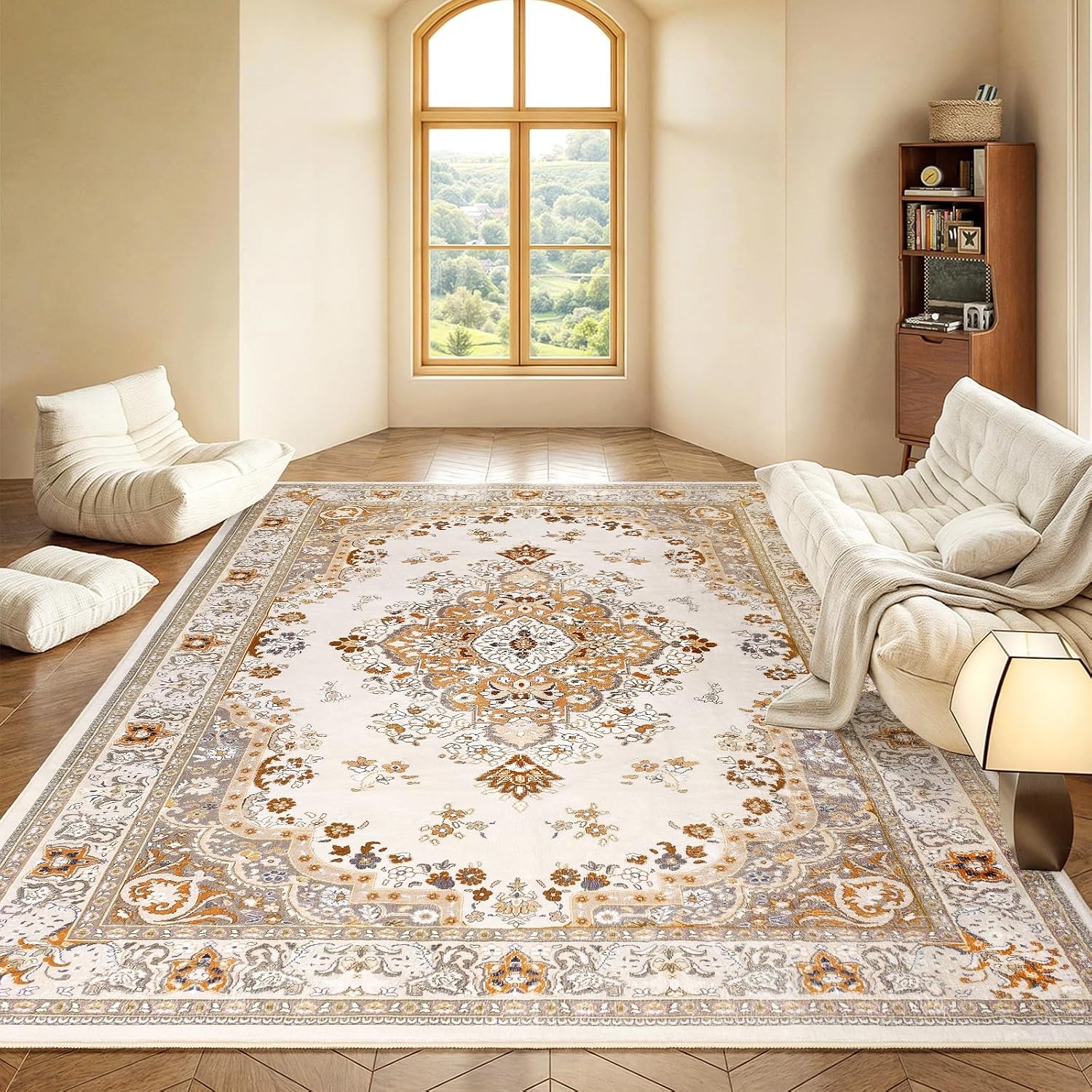 image:imageHOMORE Washable Area Rug 4x6 Black Rugs for Bedroom Living Room  Non Slip Low Pile Vintage Floral Throw Rugs for Entryway Kitchen Rug Dinning Room OfficeBeige