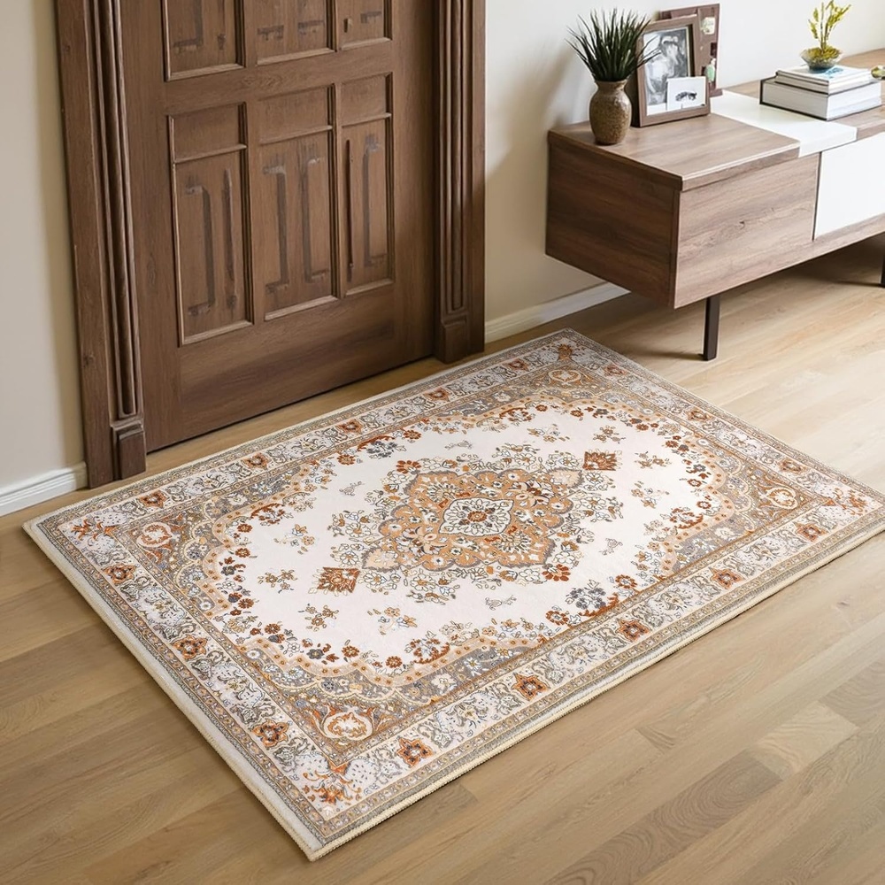 image:imageHOMORE Black Area Rug 5x7 Living Room Rug Washable Rugs for Bedroom  Non Slip Low Pile Vintage Floral Throw Rugs for Dining Room FarmhouseBeige