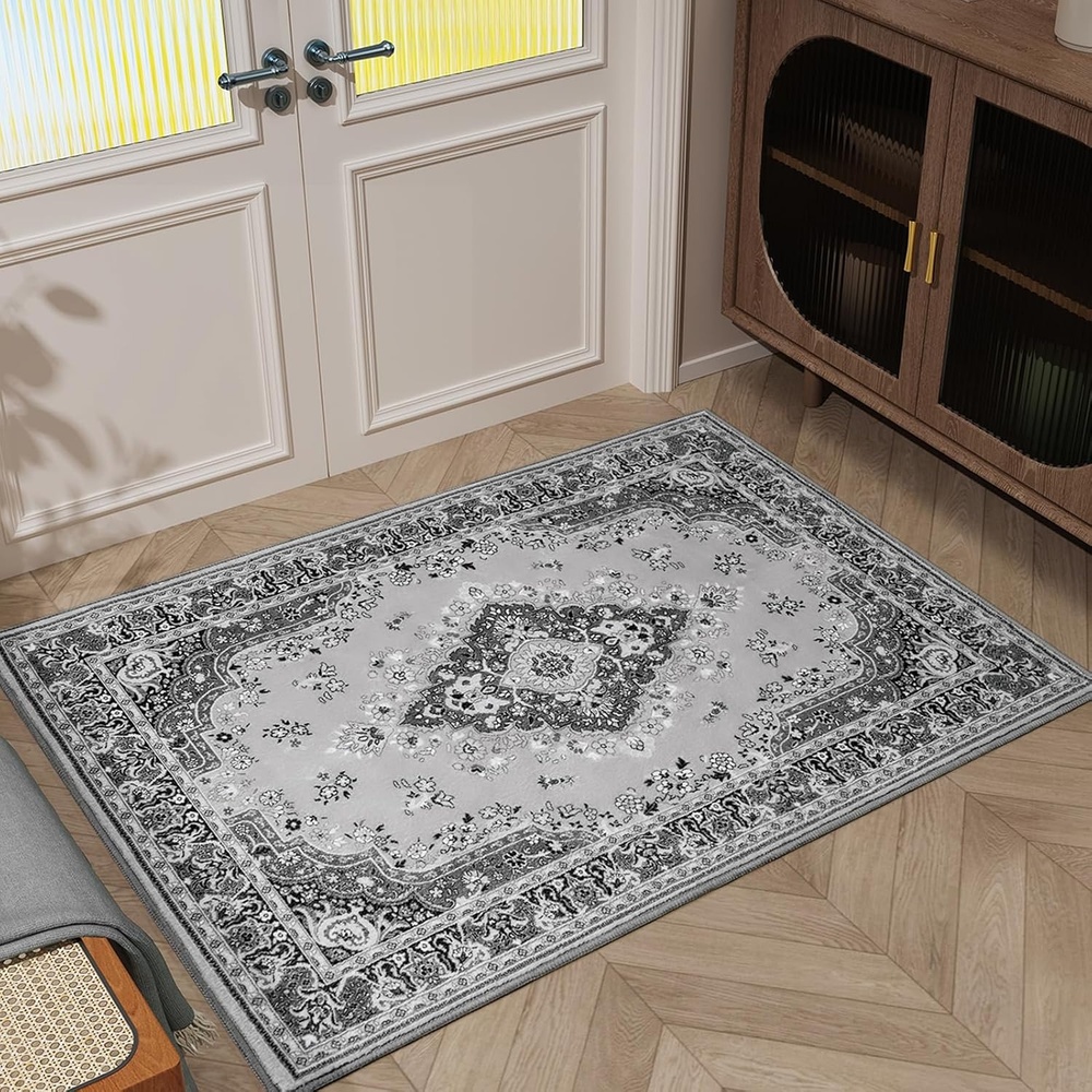image:imageHOMORE Black Area Rug 5x7 Living Room Rug Washable Rugs for Bedroom  Non Slip Low Pile Vintage Floral Throw Rugs for Dining Room FarmhouseGrey