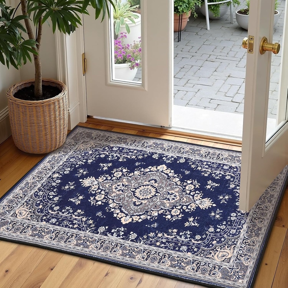 image:imageHOMORE Washable Area Rug 4x6 Black Rugs for Bedroom Living Room  Non Slip Low Pile Vintage Floral Throw Rugs for Entryway Kitchen Rug Dinning Room OfficeNavy Blue